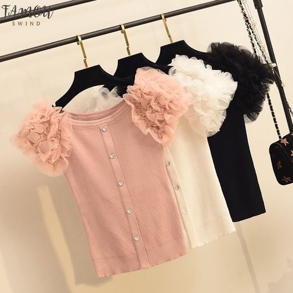 

summer korean fashion mesh tie v neck flower women short sleeve t shirts slim stretch lace design solid print casual, White