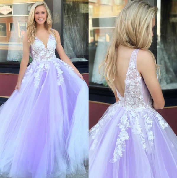 

stunning lavender prom dresses v neck 3d appliqued party dress beaded sweep train tulle a line plus size evening gowns, Black