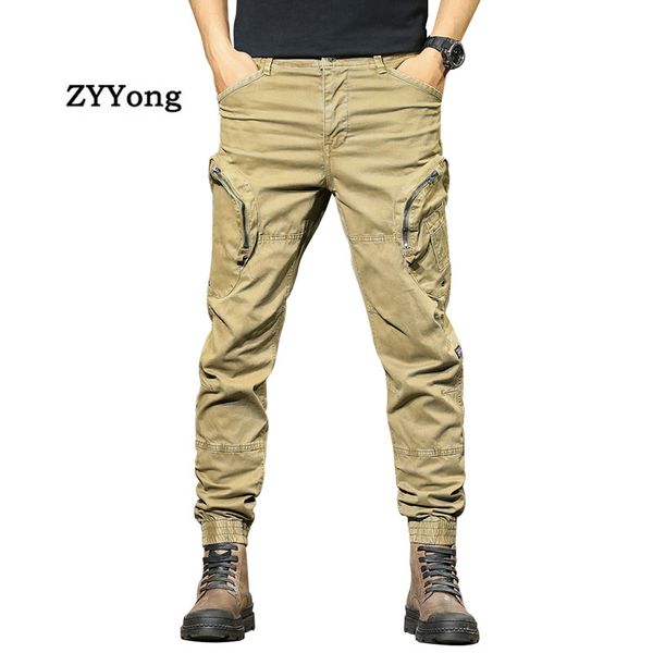 

men cargo pants cotton zipper pocket little feet overalls army style breathable casual motion outdoor on foot trousers, Black