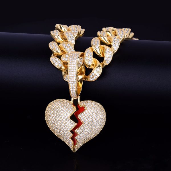 

с 20 мм кубинская цепь золото серебро разбитое сердце подвески ожерелья bling циркон мужские хип-хоп ювелирные изделия для подарка, Silver