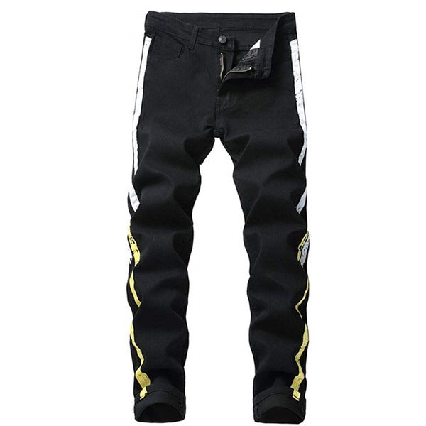 

2019 jeans male black enamel paint micro-elastic black jeans new tide men's trousers printing casual fashion, Blue