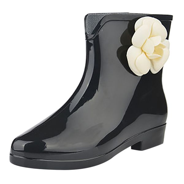 

youyedian flower women's boots waterproof non-slip rain boots round toe square heel women's winter autumn bota feminina, Black