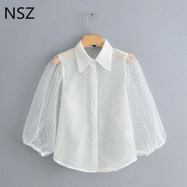 

nsz women polka dot white shirt summer blouse see through transparent sheer shirt blusas camisas mujer