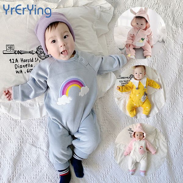 

autumn and winter plus velvet baby one-piece romper-year-old thick long-sleeved baby romper rainbow baby hooded bag fart clothes, Blue