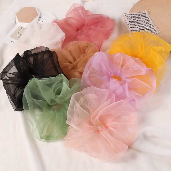 

spring new ladies super colorful soft gauze hair scrunchy oversize rope band diaphanous solid ponytail vintage wide hair gums, Pink