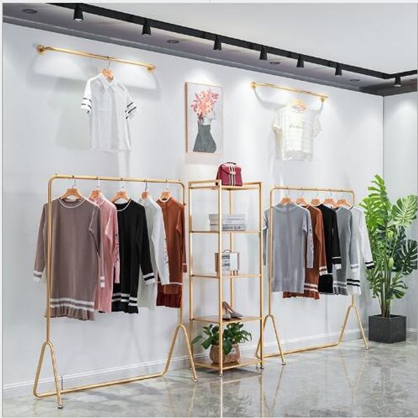 Chão cabide roupa dourada rack quarto mobília simples loja de roupas de exibição expositores senhoras'shop prateleiras de ferro compras de pano loja prateleira