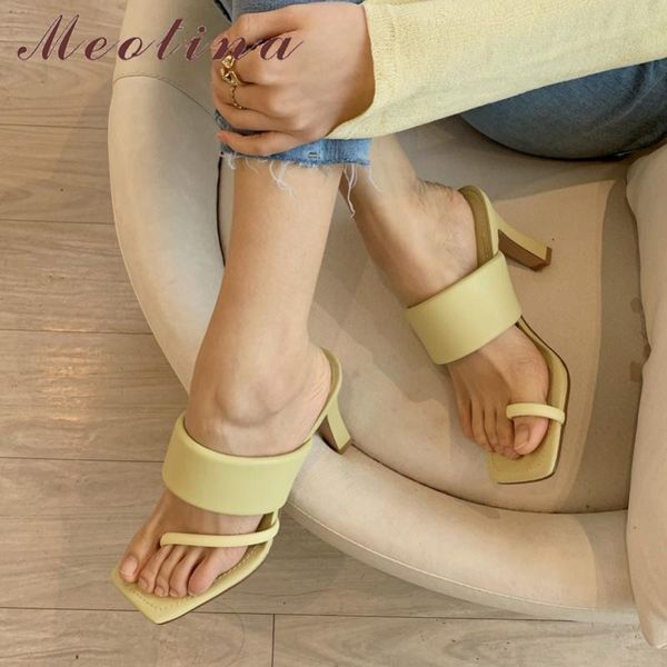 

meotina summer slides women shoes natural genuine leather thin high heel shoes sheepskin open toe slippers ladies sandals 33-40, Black