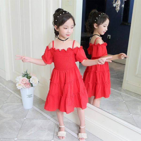 

2020 fashion cute summer girls dress solid color sling party dress girls princess 4 6 7 8 9 10 12 years kids clothes, Red;yellow