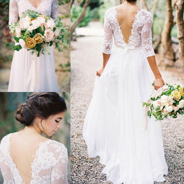 Abito da sposa bohemien con applicazioni in pizzo scollo a V maniche lunghe a 3/4 schiena bassa A-line abiti da sposa da giardino estivi taglie forti economici