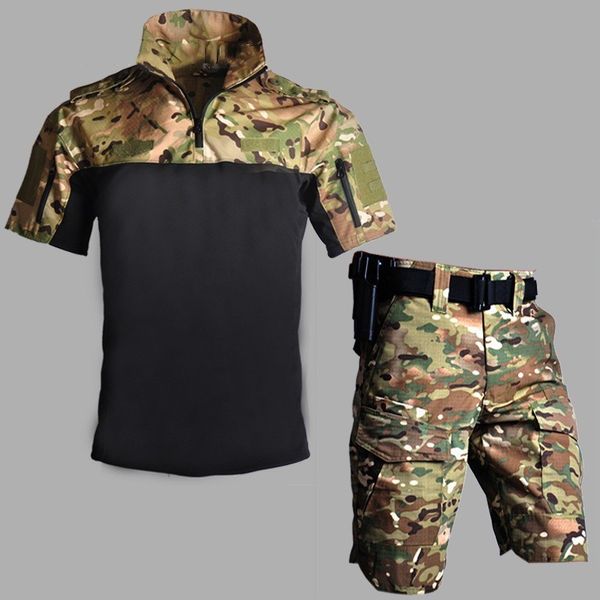 

camouflage short sleeve combat uniform set army fan cs tactical shirt shorts suits summer men outdoor training clothes, Gray;blue