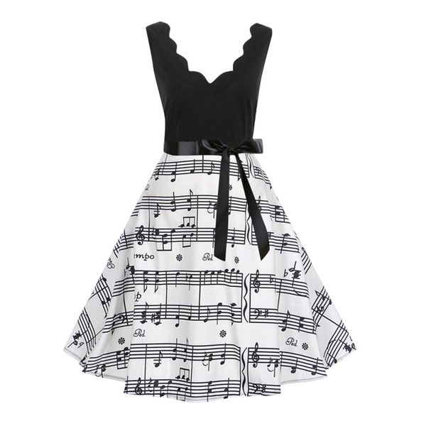 

summer women party dress vintage music note sleeveless tank dress elegant bow v neck ladies dresses summer clothes for women, Black;gray