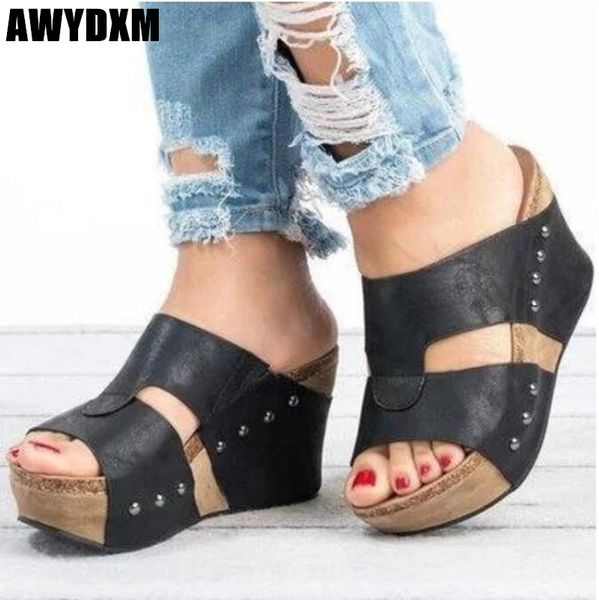 

women slippers summer open toe platform wedges slipper ladies fashion rivet high heels outdoor beach casual woman shoes s129, Black