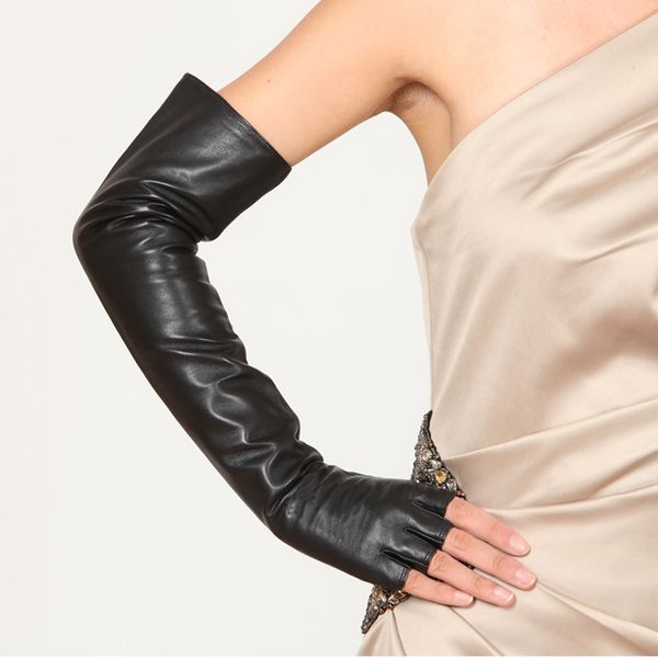 

50cm(19.7") long classic fingerless no finger style elbow sheep leather gloves black, Blue;gray