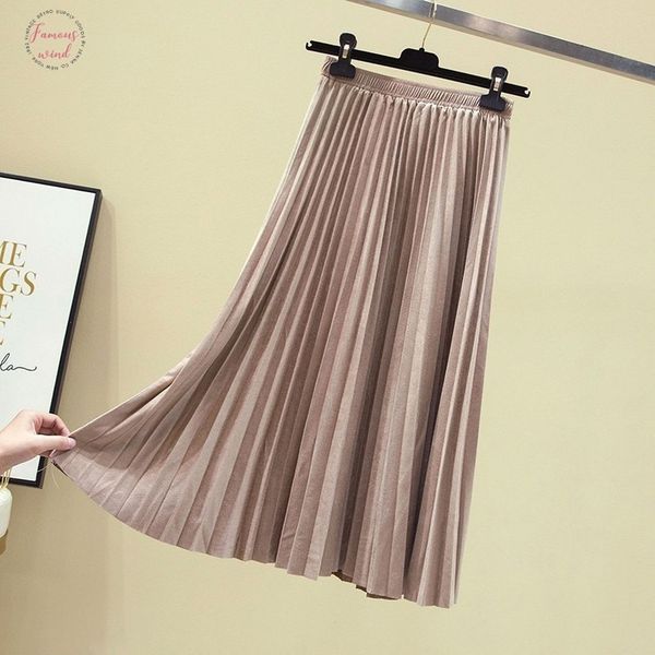 

women 2019 new autumn winter elastic high waist skirt pleated solid color wild a line word long paragraph suede skirt, Black