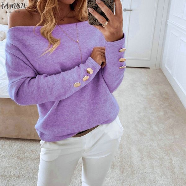 

fashion solid off shoulder blouse casual winter ladies buttons loose bottom female women long sleeve shirt blusas pullover, White