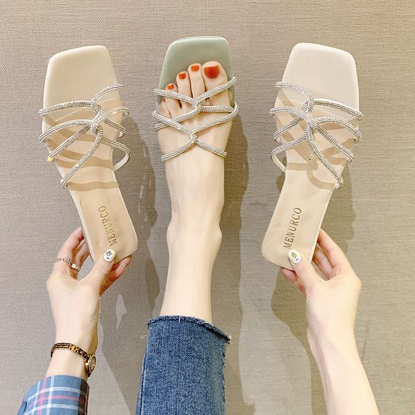 

glitter slides shoes woman 2020 woman's slippers med square heel fashion jelly new soft block summer hoof heels basic, Black