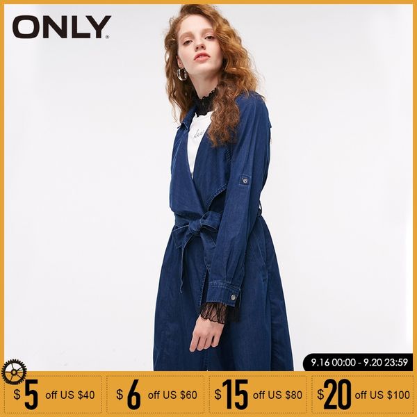 

only autumn women loose long denim belted cowboy trench coat jacket| 118354521, Tan;black