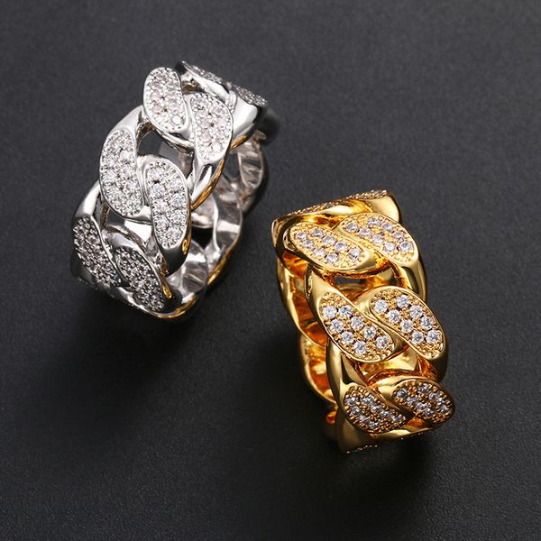 

trendy men women rings gold silver colors ice out cz cuban chain rings for men women fashion bling hiphop jewelry pop jewelry, Golden;silver