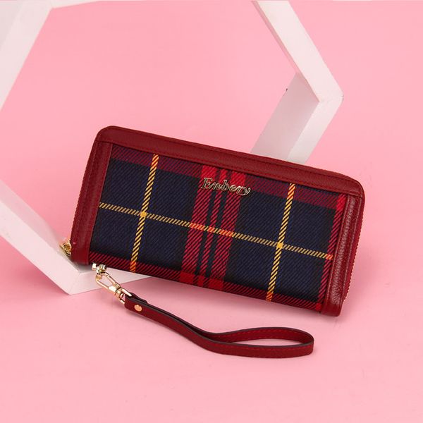 

new fashion big plaid women wallet zipper wristband long genuine leather clutch wallets for women card holder purse phone wallet, Red;black