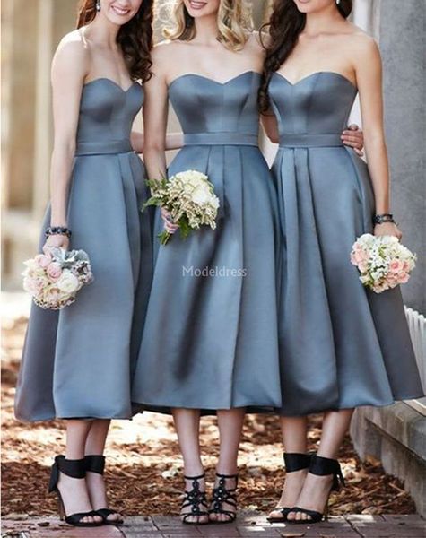 Elegant Bridesmaid Dresses Strapless Pleats A Line Tea Length