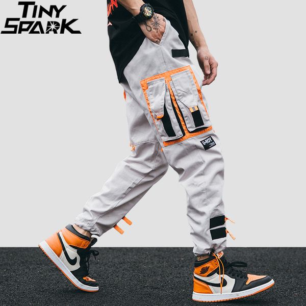 

hip hip cargo pants streetwear men harajuku harem pants joggers 2019 casual tatical ribbon multi pockets track trousers, Black