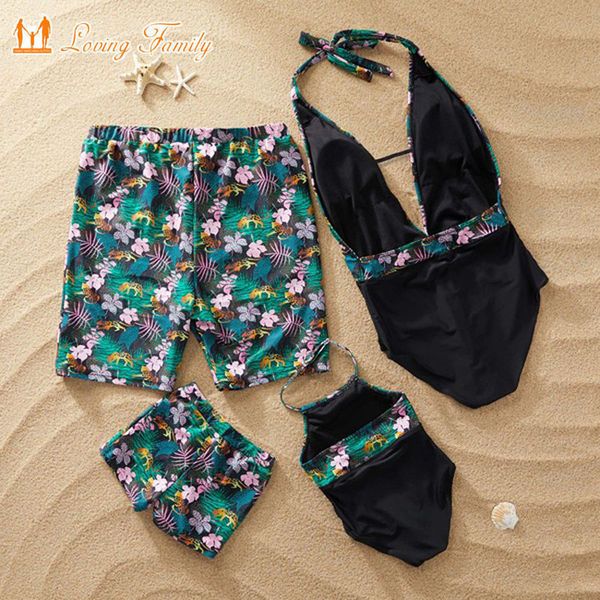 

family matching swimsuit flower print one piece dad son summer beach mommy and me swimsuit matching swimwear bathing suit, Blue