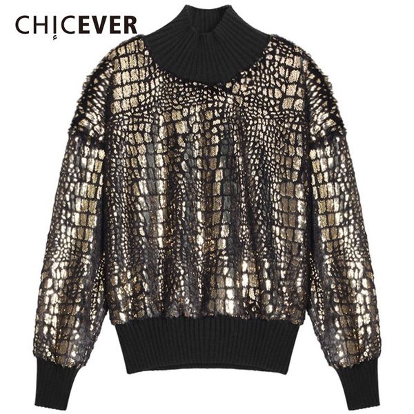 

chicever autumn winter sequins women's sweatshirts half turtleneck long sleeve loose short knitted female sweatshirt, Black