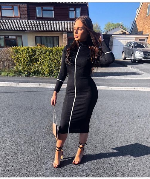 

designer summer women dresses casual solid striped color turtle neck long sleeve pencil dresses womens fashion clothes, Black;gray
