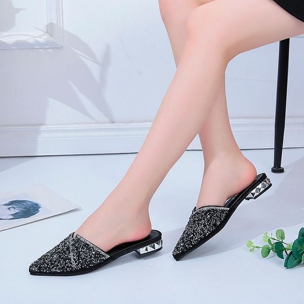 

2019 summer fashion women pointed toe slipper low heel slippers spring outside basic women slides summer shoes zapatos de mujer, Black