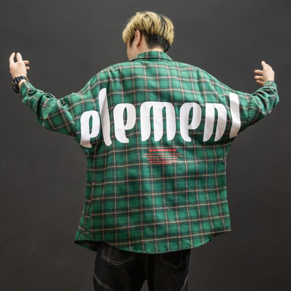 

print green plaid shirt male long sleeve leisure spring and autumn loose hip hop male shirt punk rave mens cotton casual 50cs, White;black