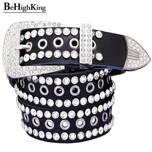 

fashion rhinestone belts for women metal hollow genuine leather men's belt quality cowskin luxury waist strap for jeans, Black;brown