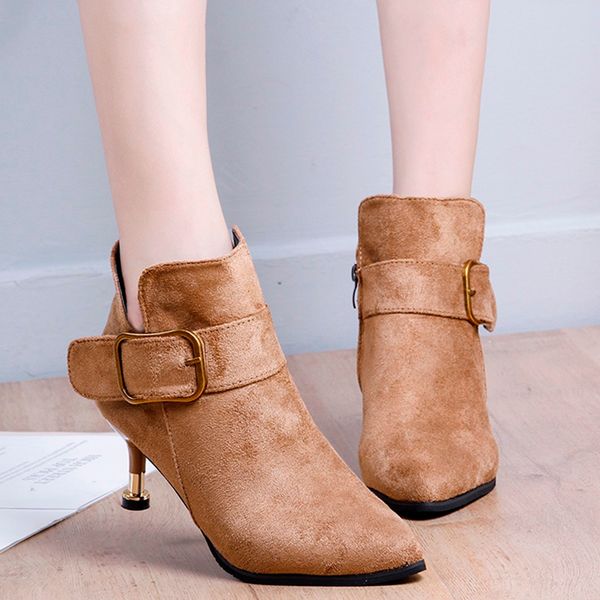 

martin boots women women's fashion point belt buckle high heel boots women's side zipper stylish retro buckle flock shoes a30724