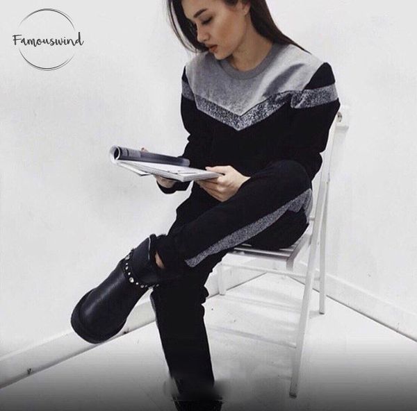 

зимняя мода женщин костюм с длинным рукавом свитера костюм круглый шеи спортивная девушки 2 шт нашивки пуловер женский костюм для подвижных, White