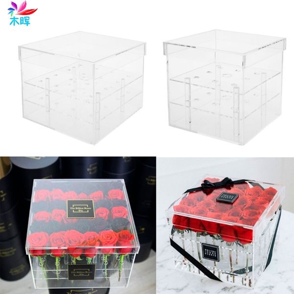 

new fashion clear acrylic rose flower box makeup organizer cosmetic tools holder flower gift box for girlfriend wife with cover