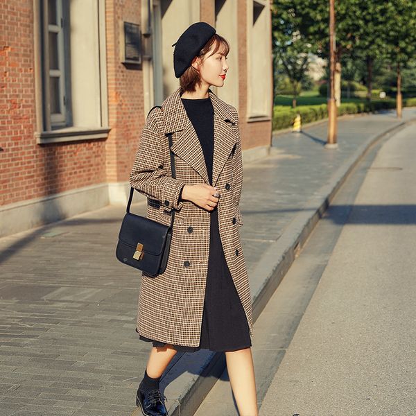 

plaid woolen coat women's autumn winter new popular casual wool & blends plaid coat jacket korean long wool women jacket, Black