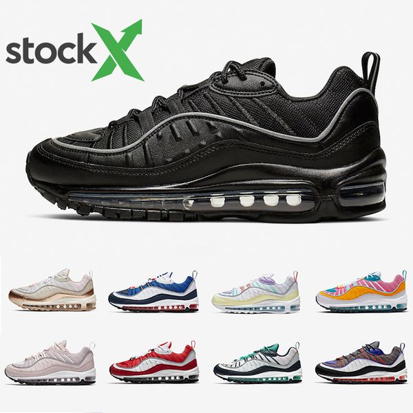 

stock x air black noir 3m reflective 98 mens running shoes gym red gundam south beach 98s team orange men women sports sneakers, White;red
