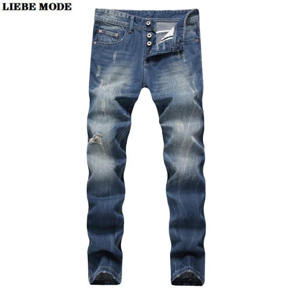 

plus size button ripped jeans for men slim fit denim pants distressed hip hop streetwear straight jean man light blue 42 44
