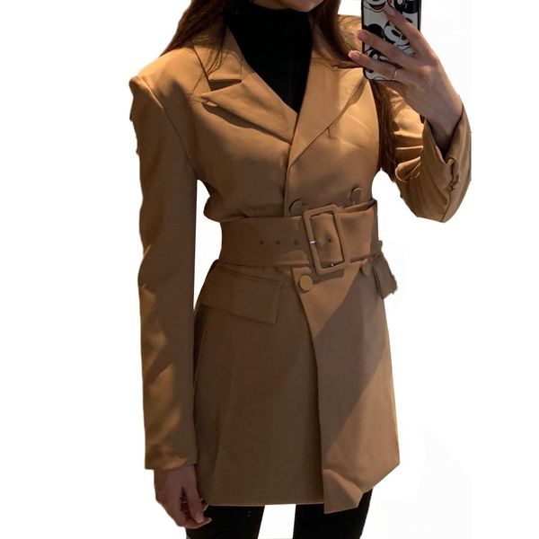 

spring autumn women khaki office lady suits jacket female elegant adjustable waist with belt long sleeve casaco feminino qt04, Black;brown