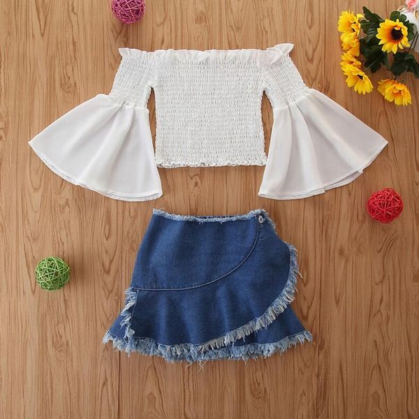 1-6Y Kleinkind Kind Baby Mädchen Kleidung Set Flare Hülse Langarm Tops Denim Quaste Röcke Outfits Sommer Frühling Kinder Kostüme