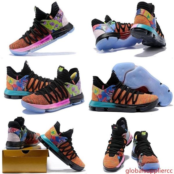 

with shoes box) mens kevin durant 10 x what the confetti multicolor basketball shoes kd 10s aunt pearl rainbow blue white sports shoes