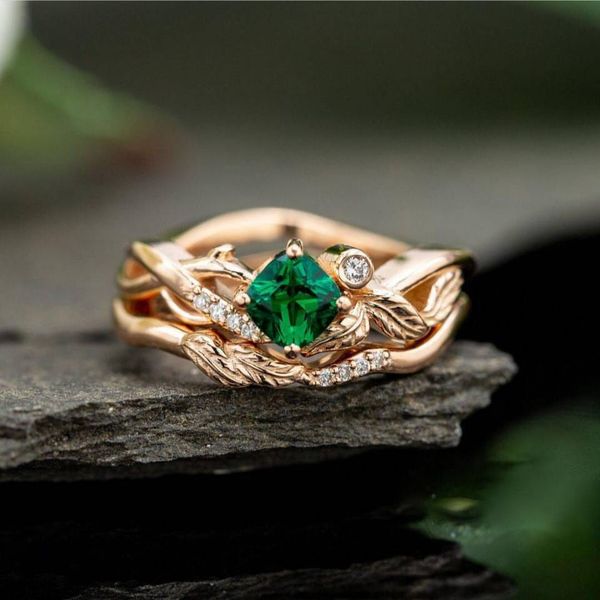 

fashion brand rose gold color green square zircon wedding rings for women delicate branches and leaves jewelry cz finger ring, Golden;silver