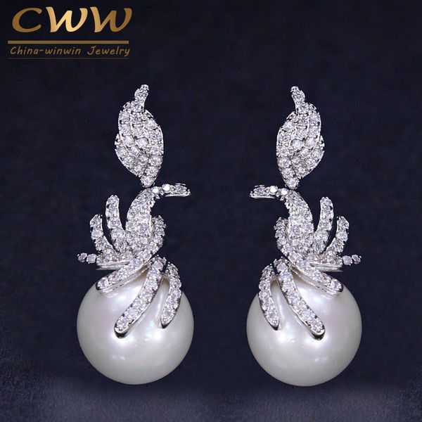 

cwwzircons gorgeous micro pave cubic zirconia stones silver color women dangling drop pearl earrings fashion jewelry cz061