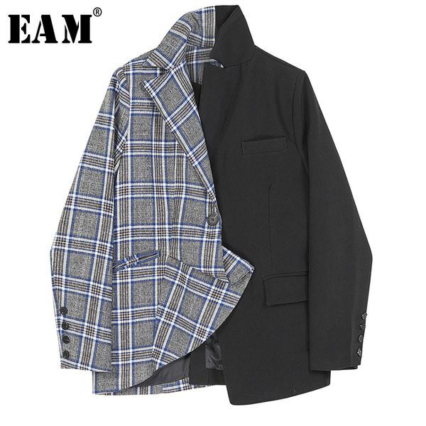 

eam] women black plaid split short blazer new lapel long sleeve loose fit jacket fashion tide spring autumn 2020 1n749, White;black