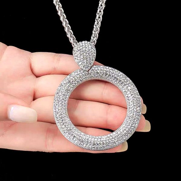 

sinleery dazzling full cubic zirconia hollow round pendant long necklace for women statement maxi jewelry accessories my102 ssi, Silver