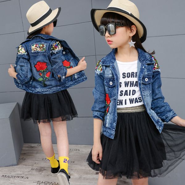 

spring denim coat for children girls cotton kids baby jeans jacket red rose print toddler girls coats and jackets for 4-14t, Blue;gray