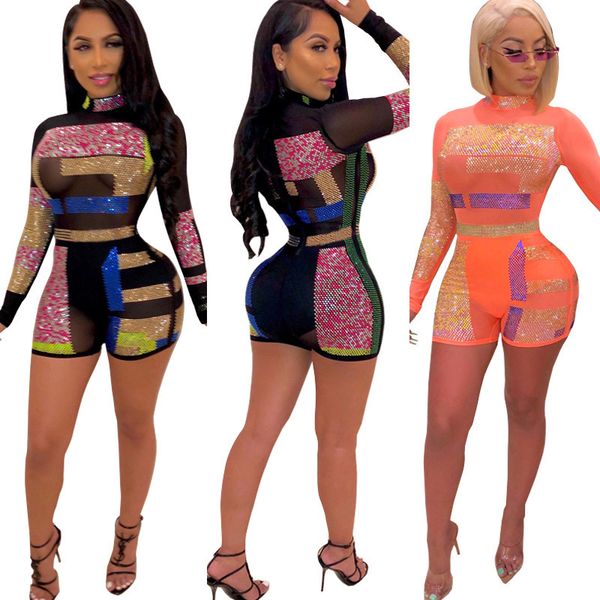 

selling in europe and america in 2020 summer long sleeve standing collar geometric pattern drill shorts nightclub jumpsuit, Black;white