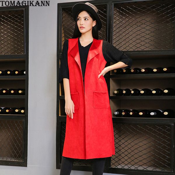 

women suede fabric long vest coat 2019 spring solid pocket split waistcoat open stitch faux weste colete feminina clothes, Black;white
