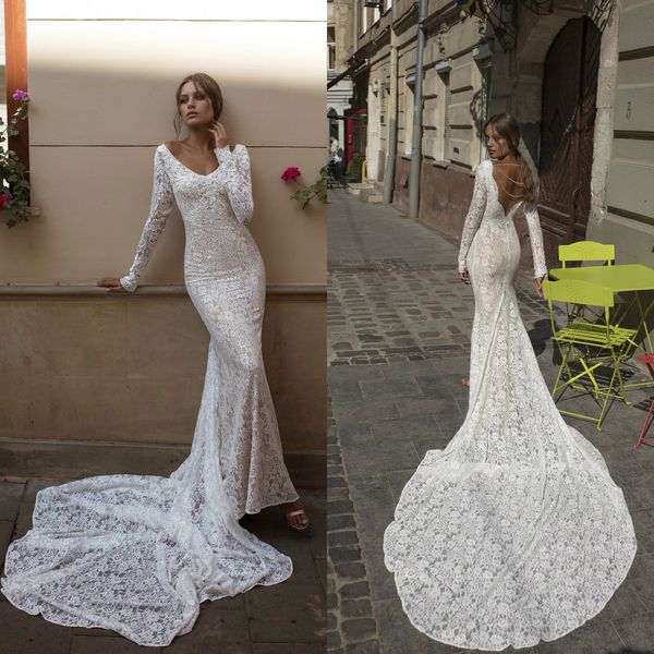 

2019 Modest Mermaid Wedding Dresses V Neck Lace Appliqued Backless Vestidos De Novia Boho Wedding Dress Long Sleeve Berta Bridal Gown, White