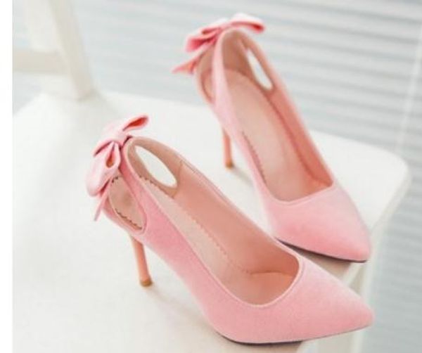 

2019 women's shoes in spring and autumn with new style high heel fine heel pointed end suede bowknot@7031, Black