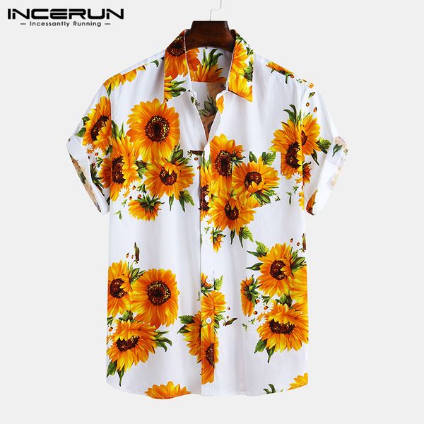 

2020 summer sunflower printed shirts men hawaiian vacation beach shirt short sleeve turn down collar blouse casual s-5xl, White;black